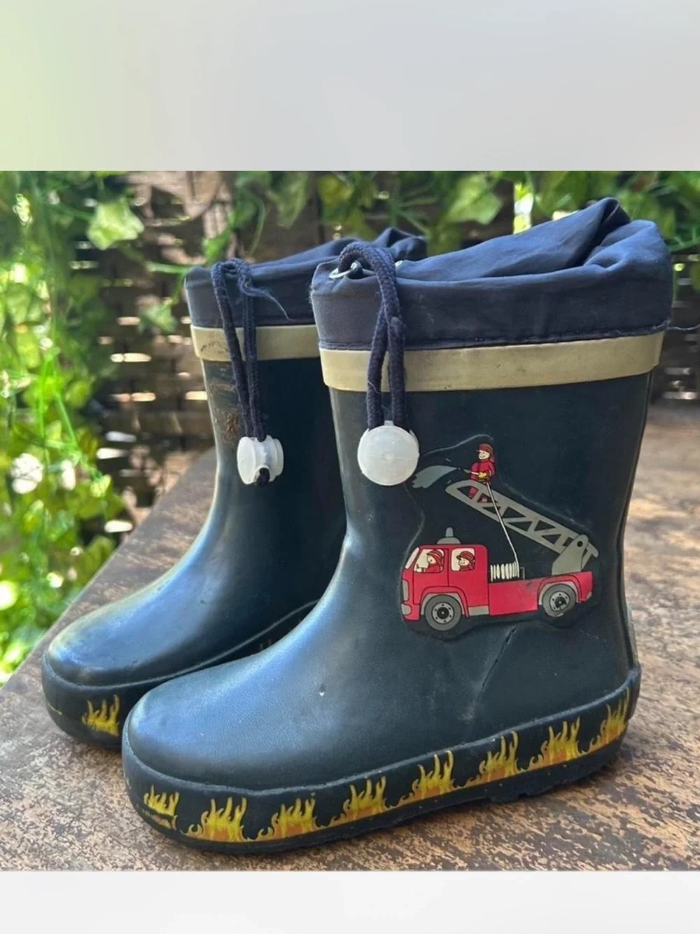 Kids Black Fire Truck Rain Boots with Yellow Flame Trim
